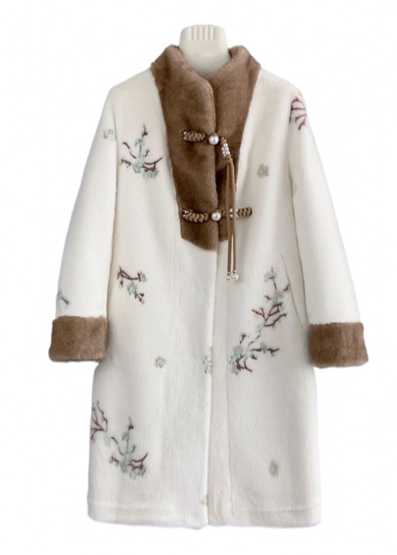 Manteau D'hiver En Cachemire De Vison Brodé À Franges Beige De Style Chinois - Manteaux d'hiver femmes