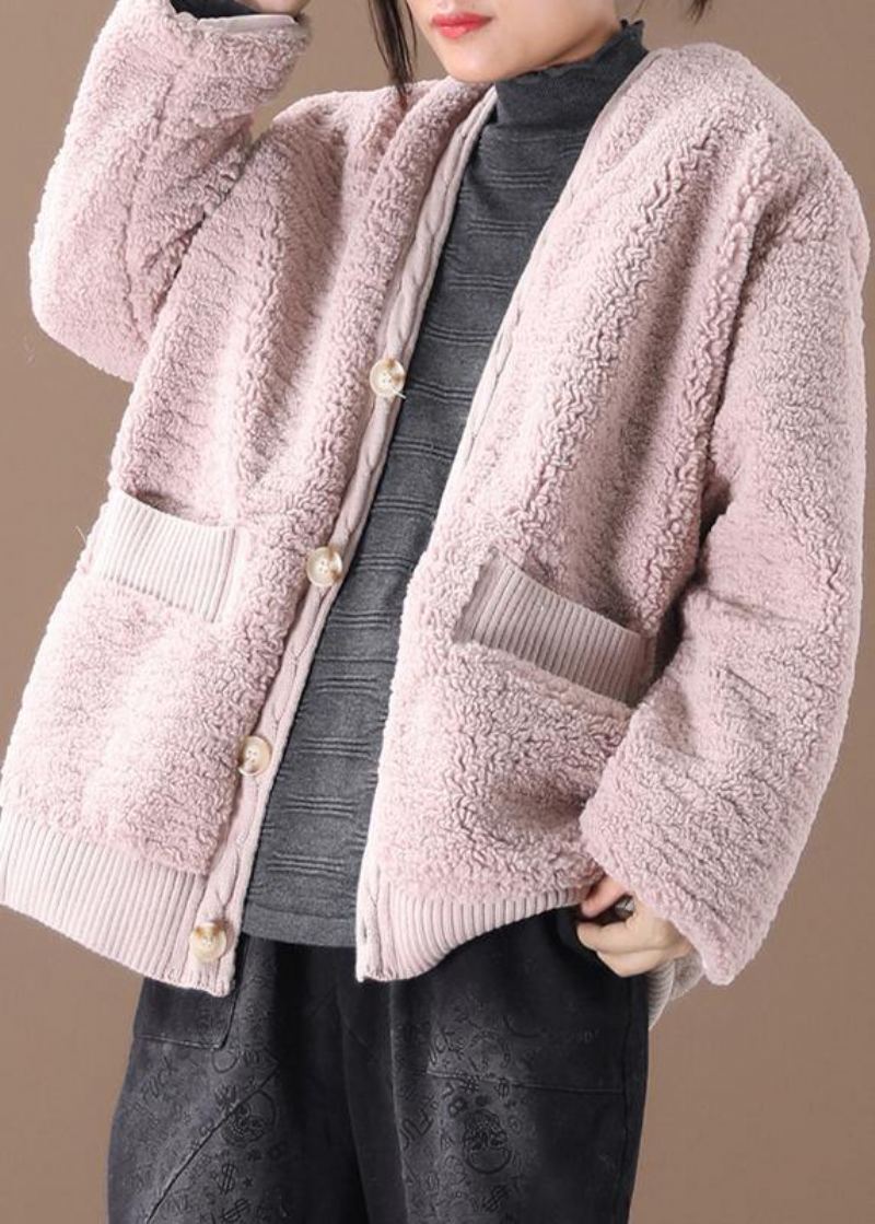 Manteau D'hiver Chaud Surdimensionné Vêtement D'extérieur Rose Col En V Veste Épaisse