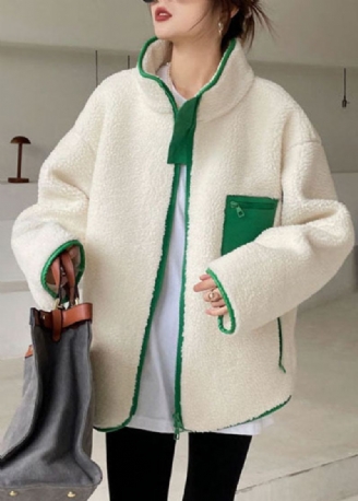 Manteau D'hiver Chic En Fausse Fourrure Avec Fermeture Éclair Et Patchwork Vert