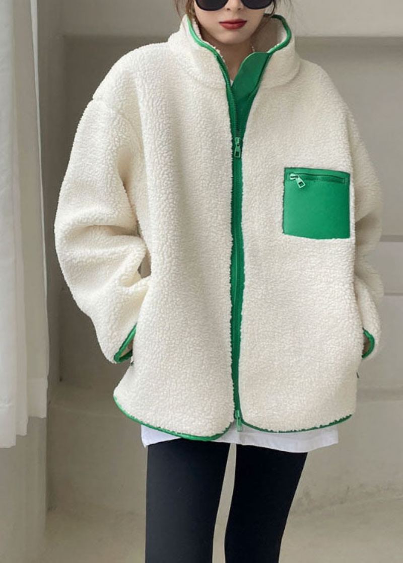 Manteau D'hiver Chic En Fausse Fourrure Avec Fermeture Éclair Et Patchwork Vert - Manteaux d'hiver femmes