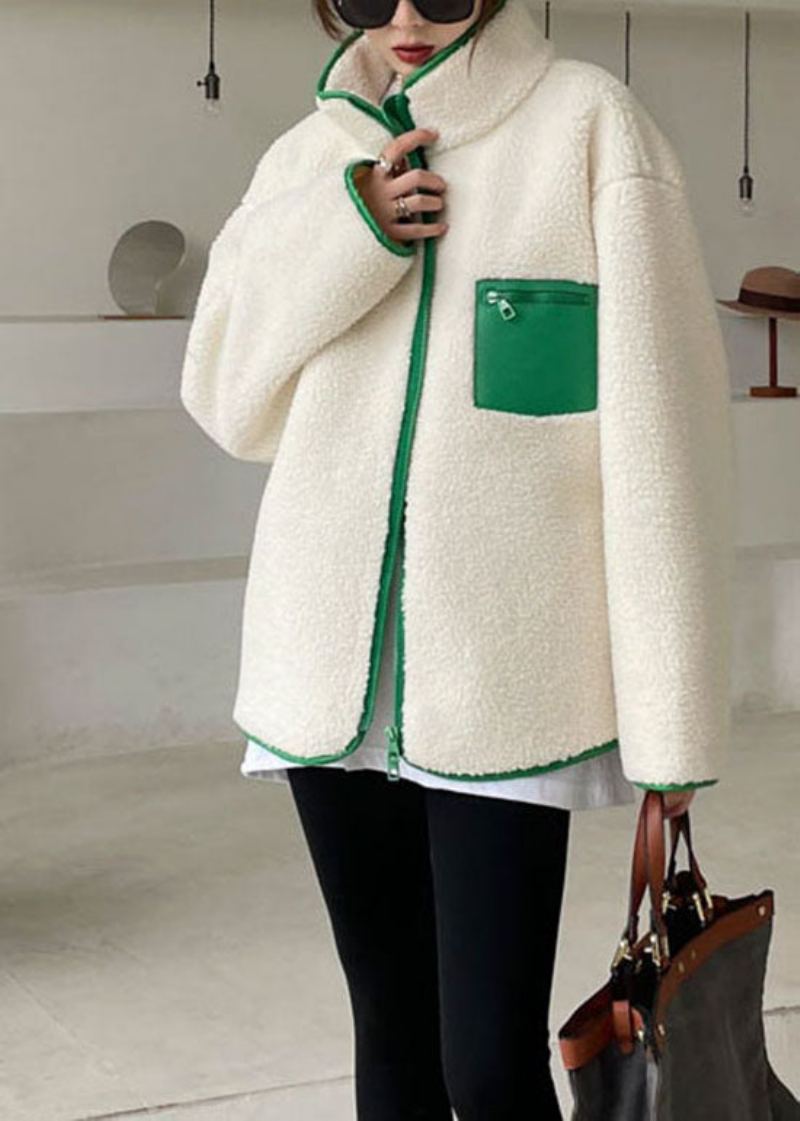 Manteau D'hiver Chic En Fausse Fourrure Avec Fermeture Éclair Et Patchwork Vert - Manteaux d'hiver femmes