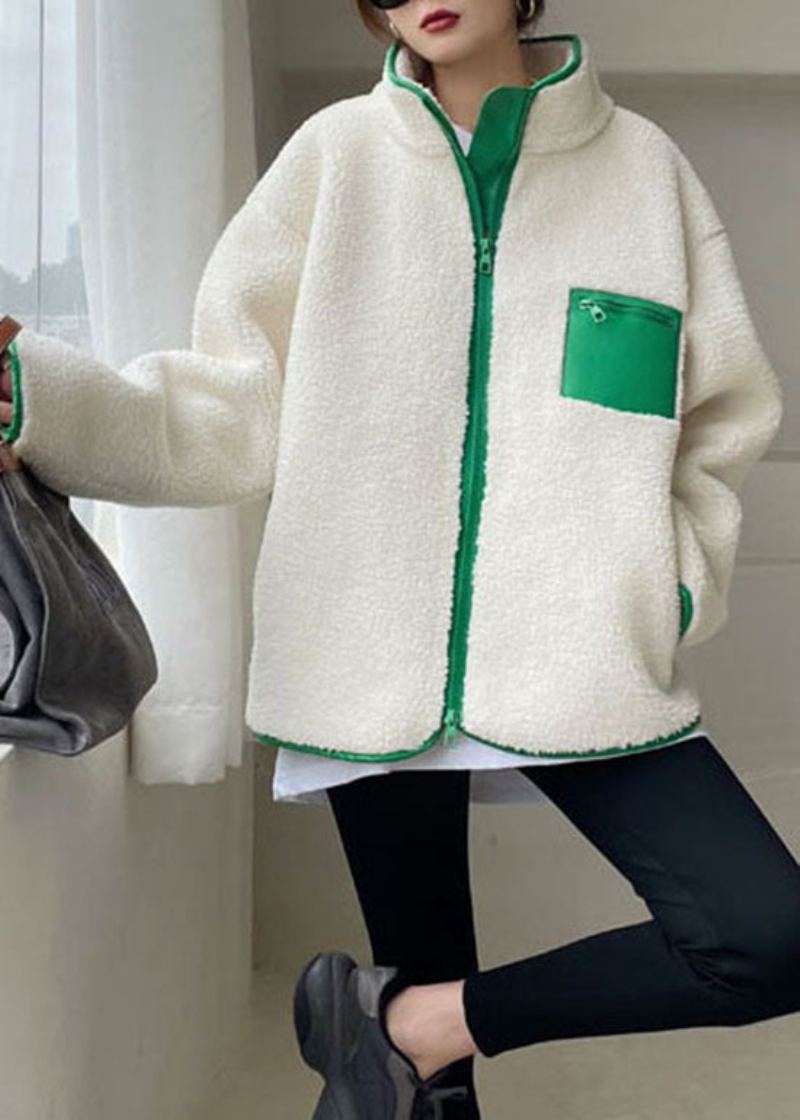 Manteau D'hiver Chic En Fausse Fourrure Avec Fermeture Éclair Et Patchwork Vert - Manteaux d'hiver femmes