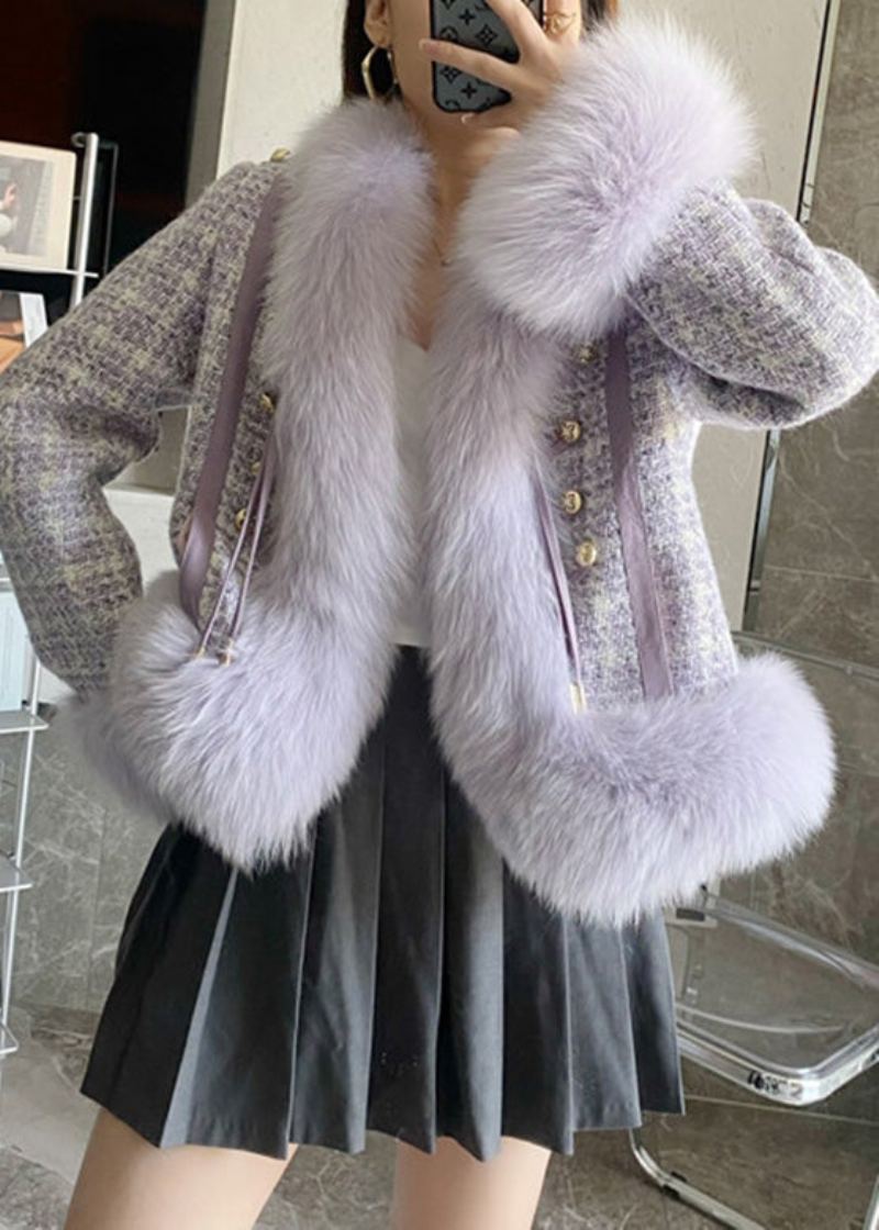 Manteau D'hiver En Cuir Et Fourrure Avec Boutons En Faux Renard Violet