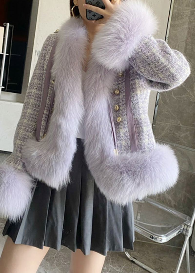 Manteau D'hiver En Cuir Et Fourrure Avec Boutons En Faux Renard Violet - Violet