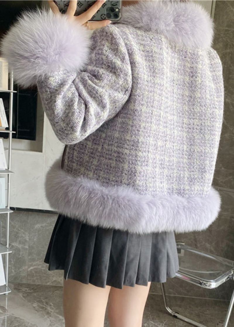 Manteau D'hiver En Cuir Et Fourrure Avec Boutons En Faux Renard Violet - Violet