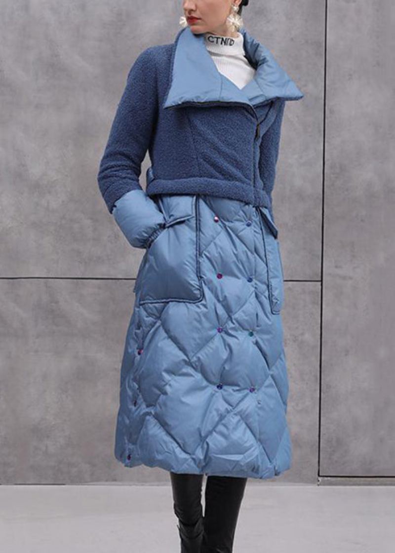 Manteau D'hiver En Duvet De Canard Bleu Chic Avec Fermeture Éclair Et Cravate À La Taille - Manteaux d'hiver femmes