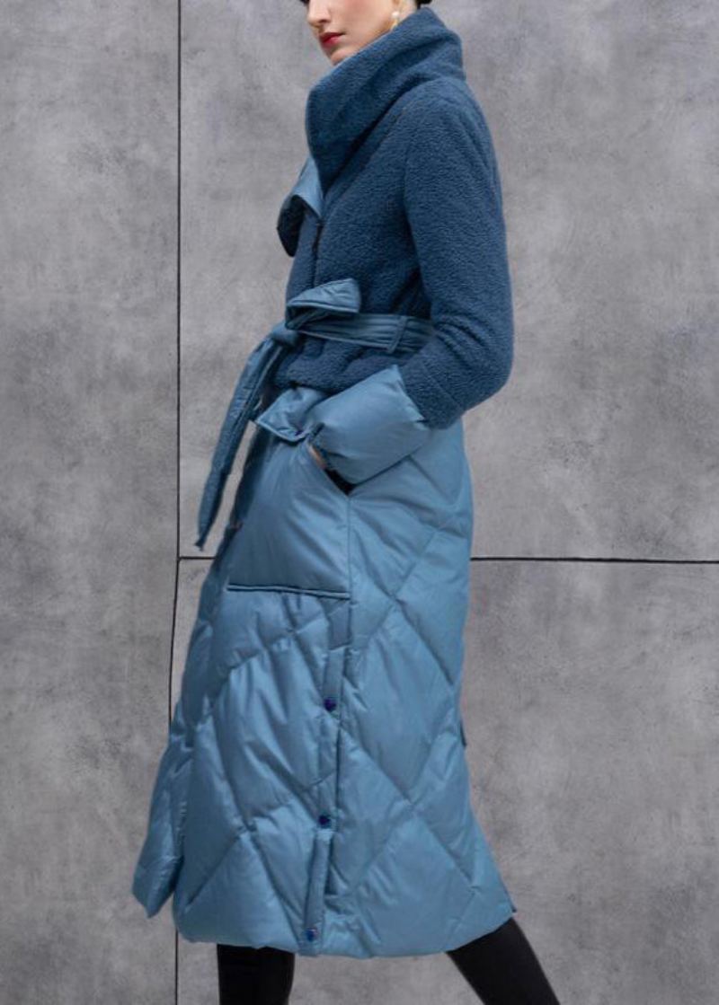 Manteau D'hiver En Duvet De Canard Bleu Chic Avec Fermeture Éclair Et Cravate À La Taille - Manteaux d'hiver femmes