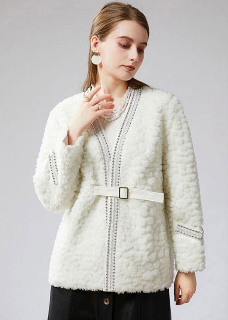 Manteau D'hiver En Fausse Fourrure Blanc Avec Col En V Et Ceintures