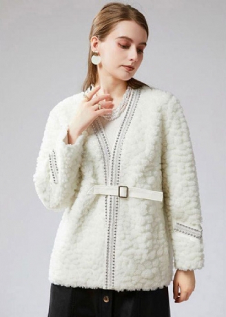 Manteau D'hiver En Fausse Fourrure Blanc Avec Col En V Et Ceintures