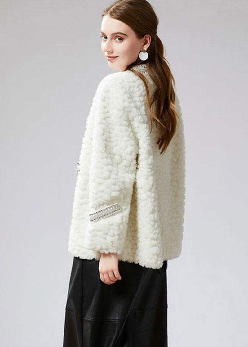 Manteau D'hiver En Fausse Fourrure Blanc Avec Col En V Et Ceintures - Blanc