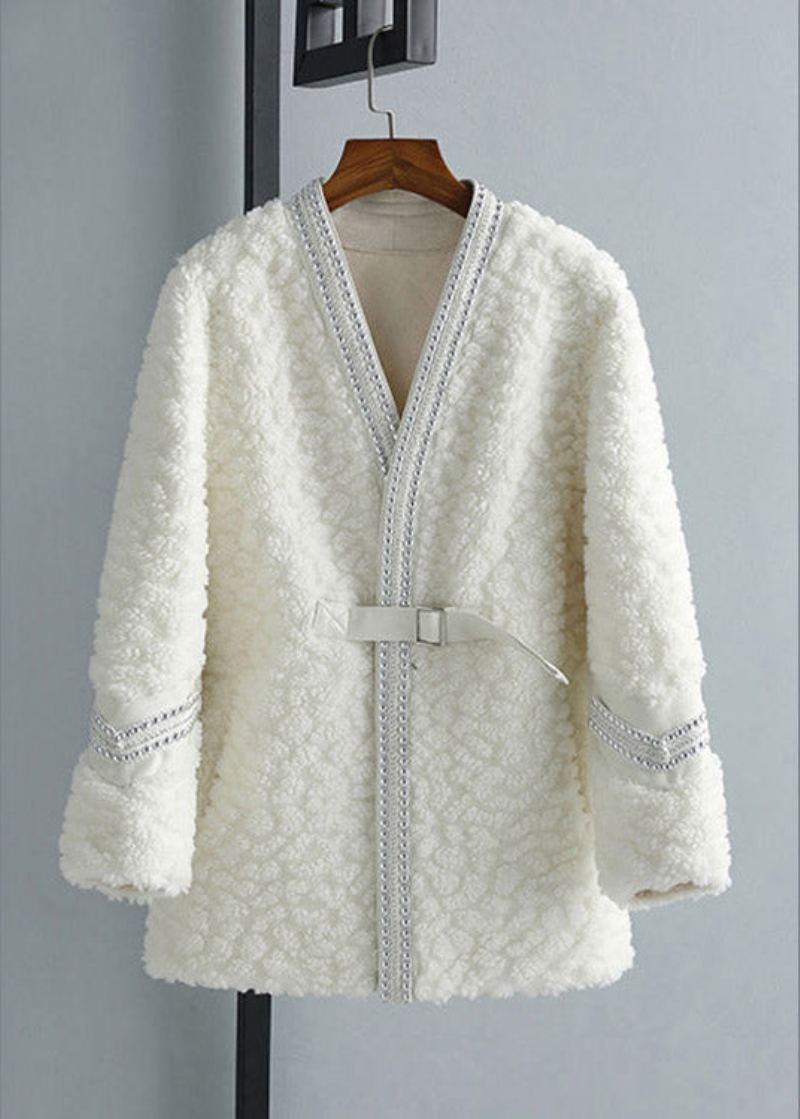 Manteau D'hiver En Fausse Fourrure Blanc Avec Col En V Et Ceintures - Blanc