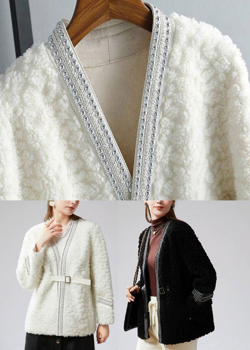 Manteau D'hiver En Fausse Fourrure Blanc Avec Col En V Et Ceintures - Blanc