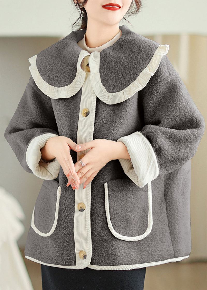 Manteau D'hiver En Fausse Fourrure Gris Avec Poches Et Col Peter Pan De Grande Taille - Manteaux d'hiver femmes