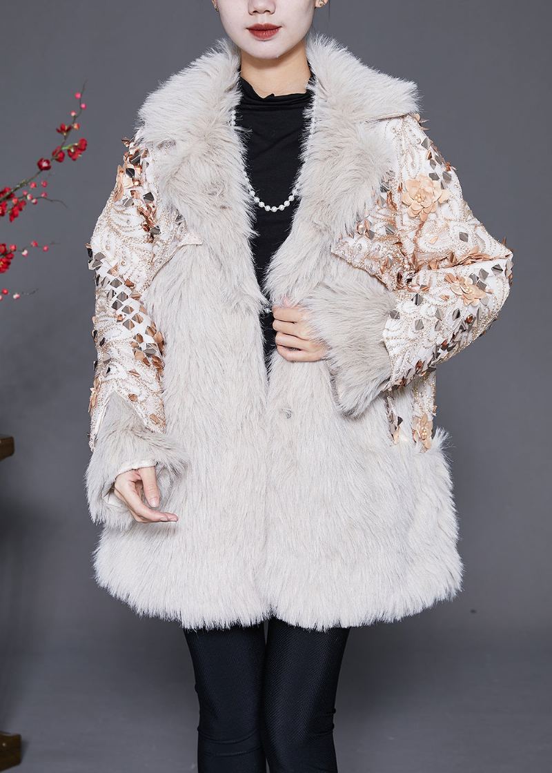 Manteau D'hiver En Fausse Fourrure À Motif Floral Beige Italien - Manteaux d'hiver femmes