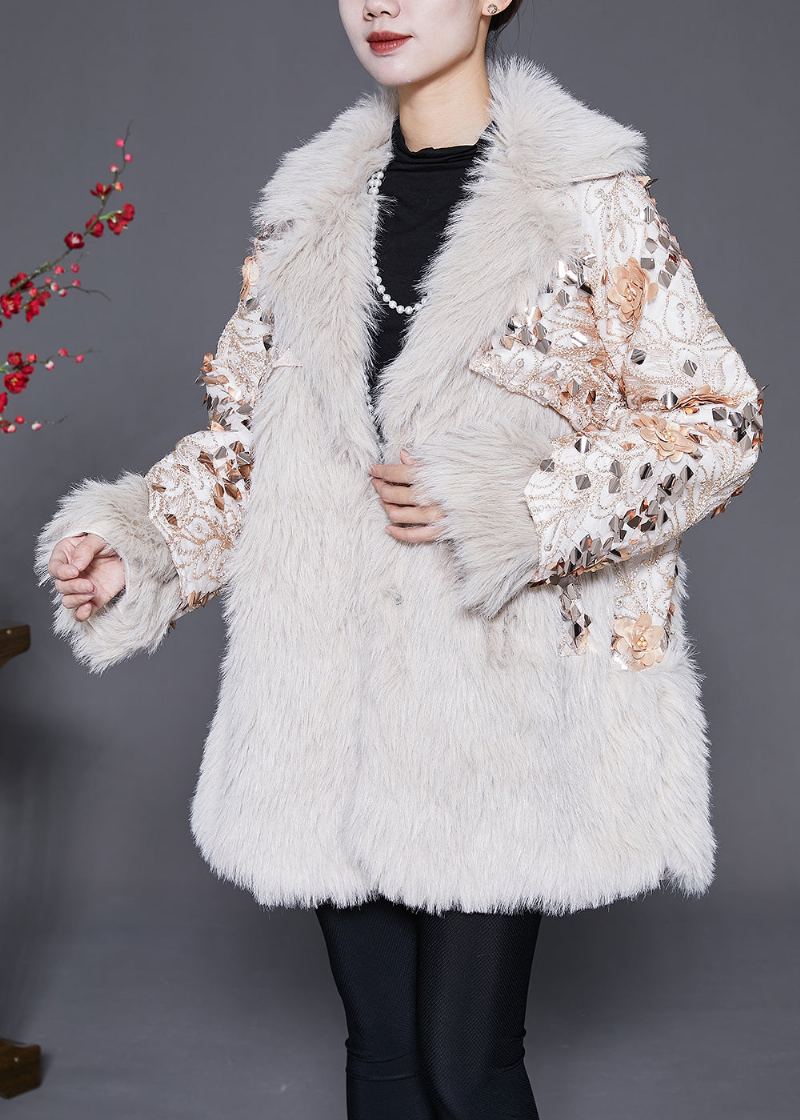 Manteau D'hiver En Fausse Fourrure À Motif Floral Beige Italien - Manteaux d'hiver femmes