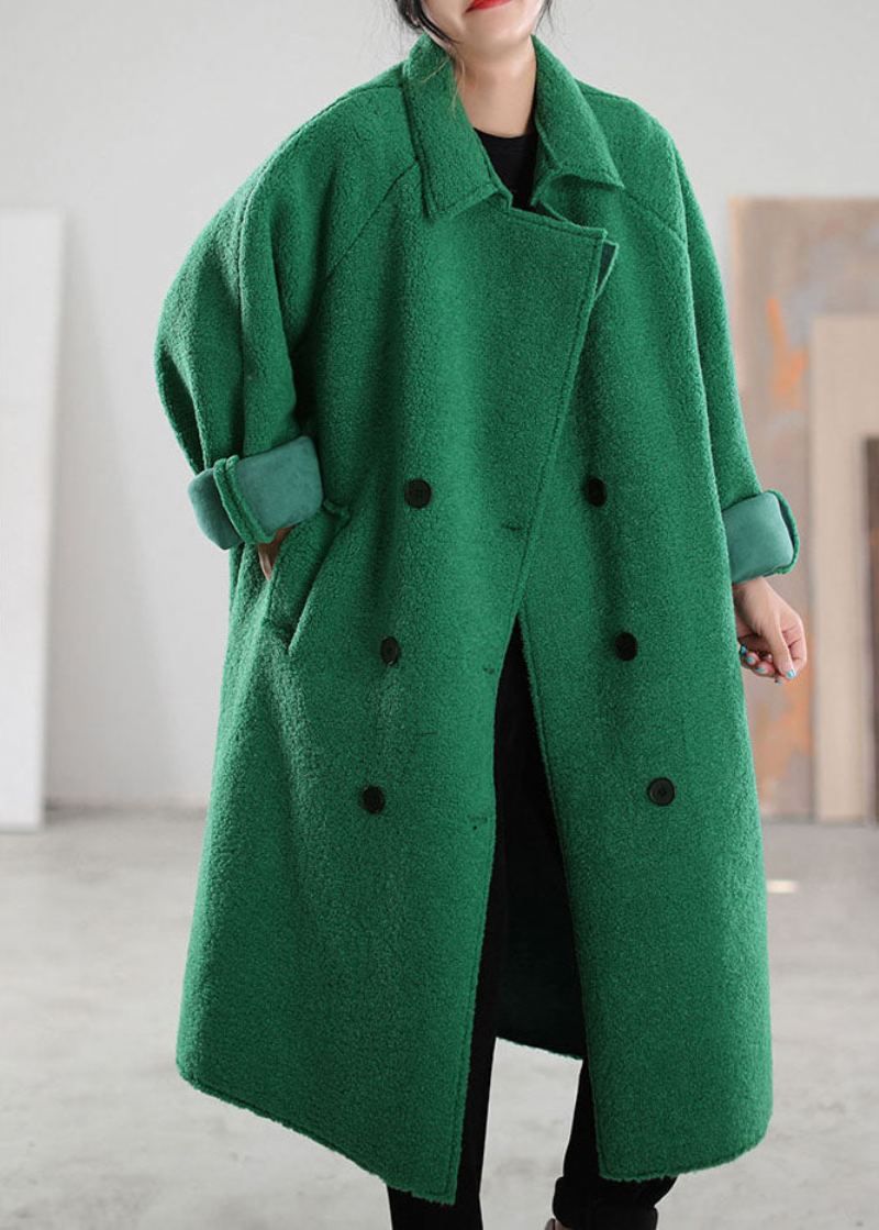 Manteau D'hiver En Fausse Fourrure Vert À Double Poitrine Et Col Peterpan De Grande Taille - Vert