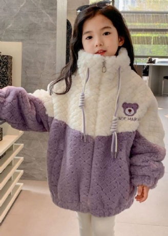 Manteau D'hiver Pour Filles Mignon Violet Fermeture Éclair Patchwork Pelucheux