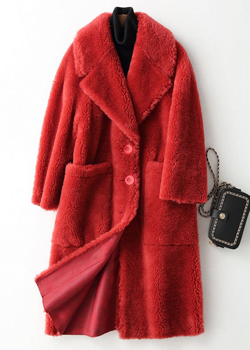 Manteau D'hiver En Laine Boutonné À Col En V Rouge - Rouge