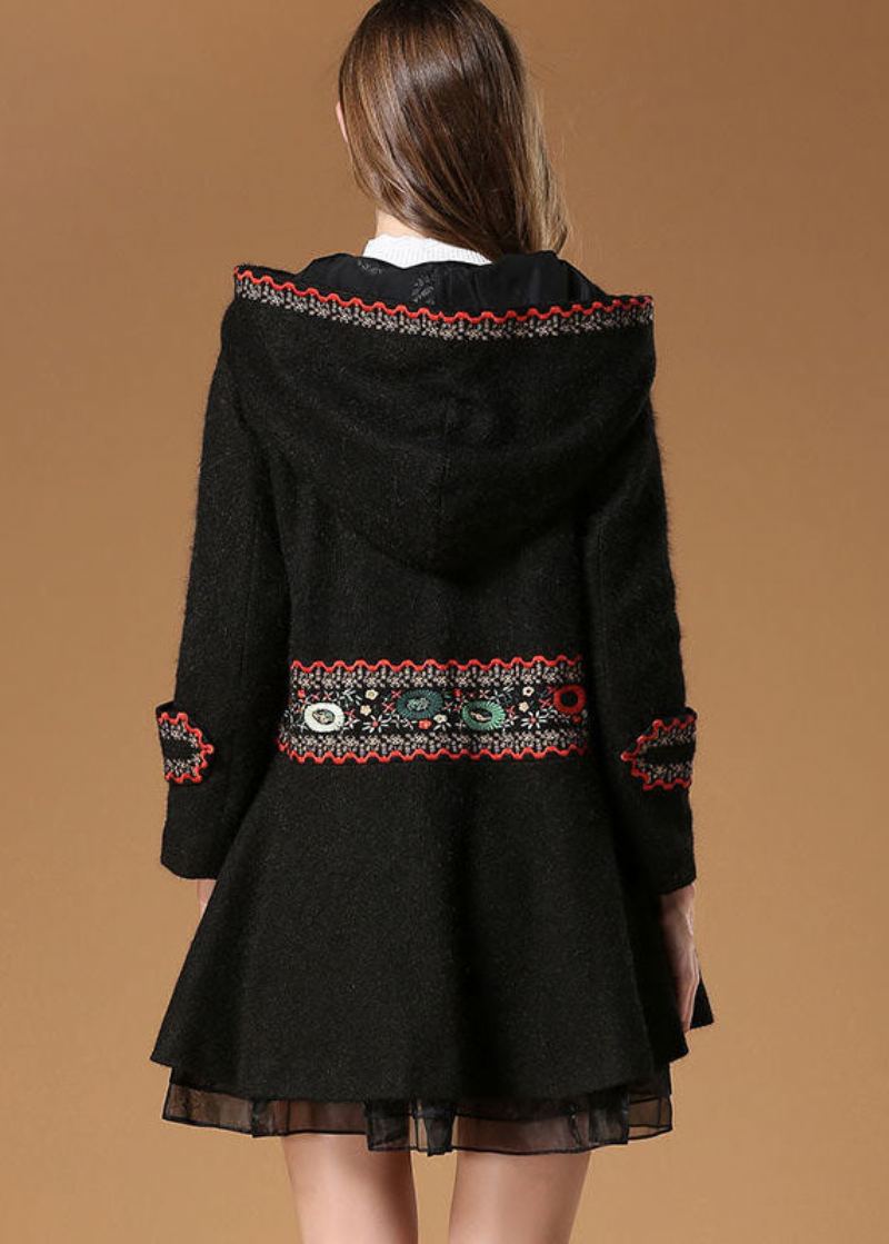 Manteau D'hiver En Laine Brodé À Capuche Noir Élégant - Manteaux d'hiver femmes