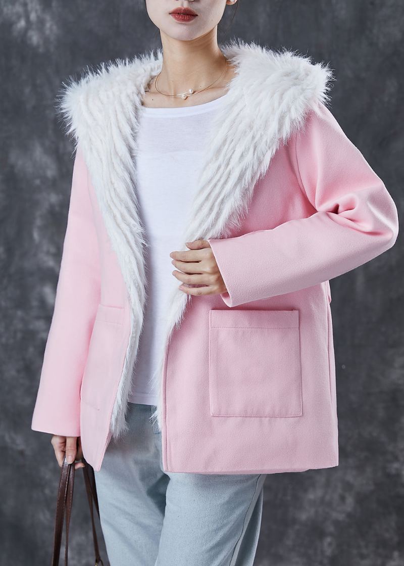 Manteau D'hiver En Laine Doublé De Renard Pelucheux Avec Poches À Capuche Roses Élégantes