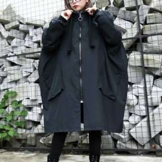 Manteau D'hiver Noir Tendance Grande Taille À Capuche Baggy Fermeture Éclair Poches Pour Femmes