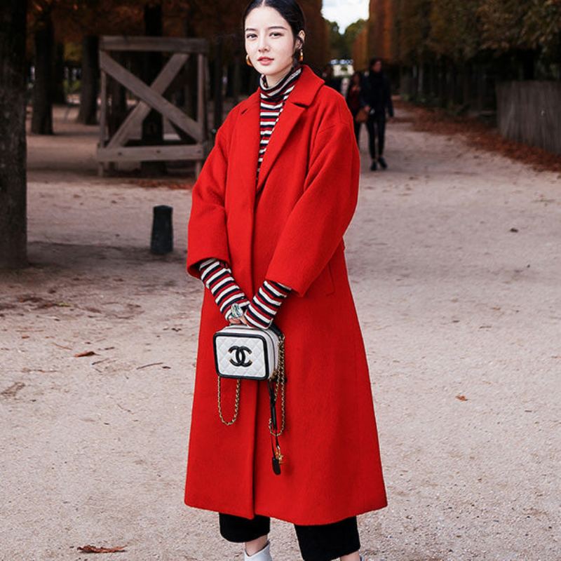 Manteau D'hiver Rouge Pour Femme Grande Taille En Laine Crantée Poches Vintage Cravate À La Vestes En