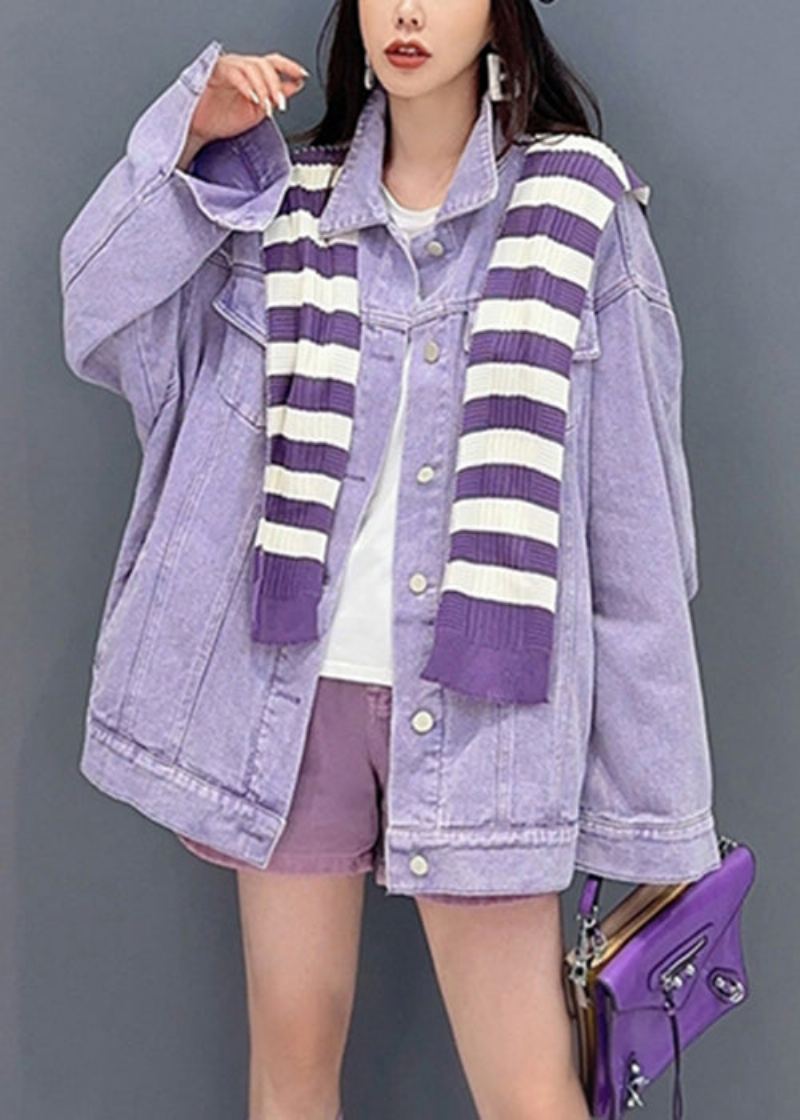 Manteau En Jean Ample Violet Avec Col Peter Pan Et Poches En Patchwork Automne