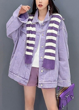 Manteau En Jean Ample Violet Avec Col Peter Pan Et Poches En Patchwork Automne