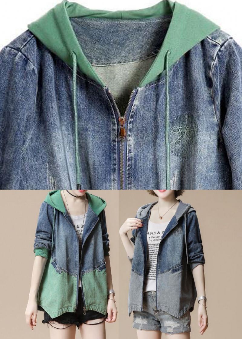 Manteau En Jean À Capuche Avec Poches À Cordon Et Manches Longues Vert - Vert