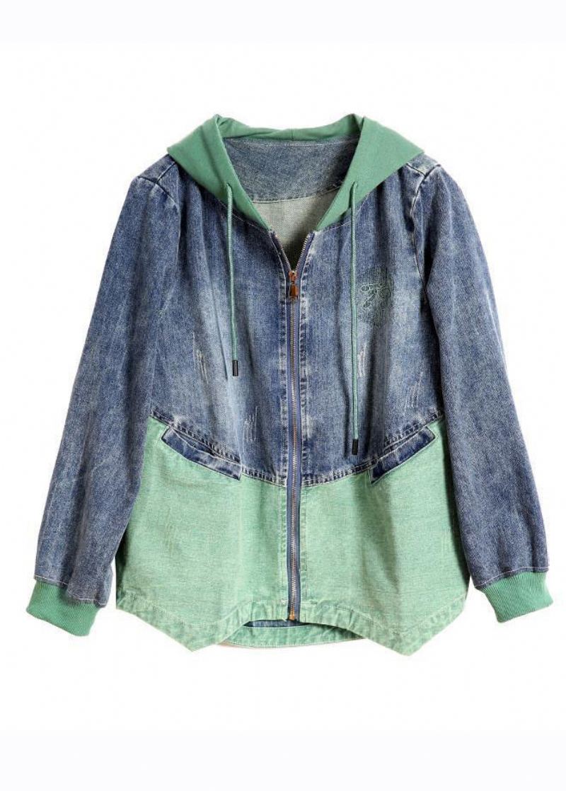 Manteau En Jean À Capuche Avec Poches À Cordon Et Manches Longues Vert - Vert