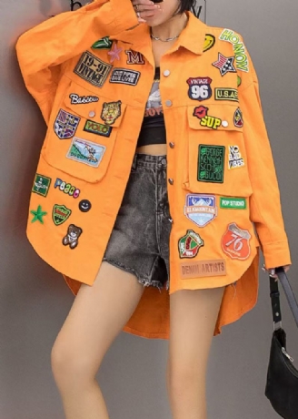 Manteau En Jean Décontracté Avec Poches Orange Patchwork Graphique Printemps