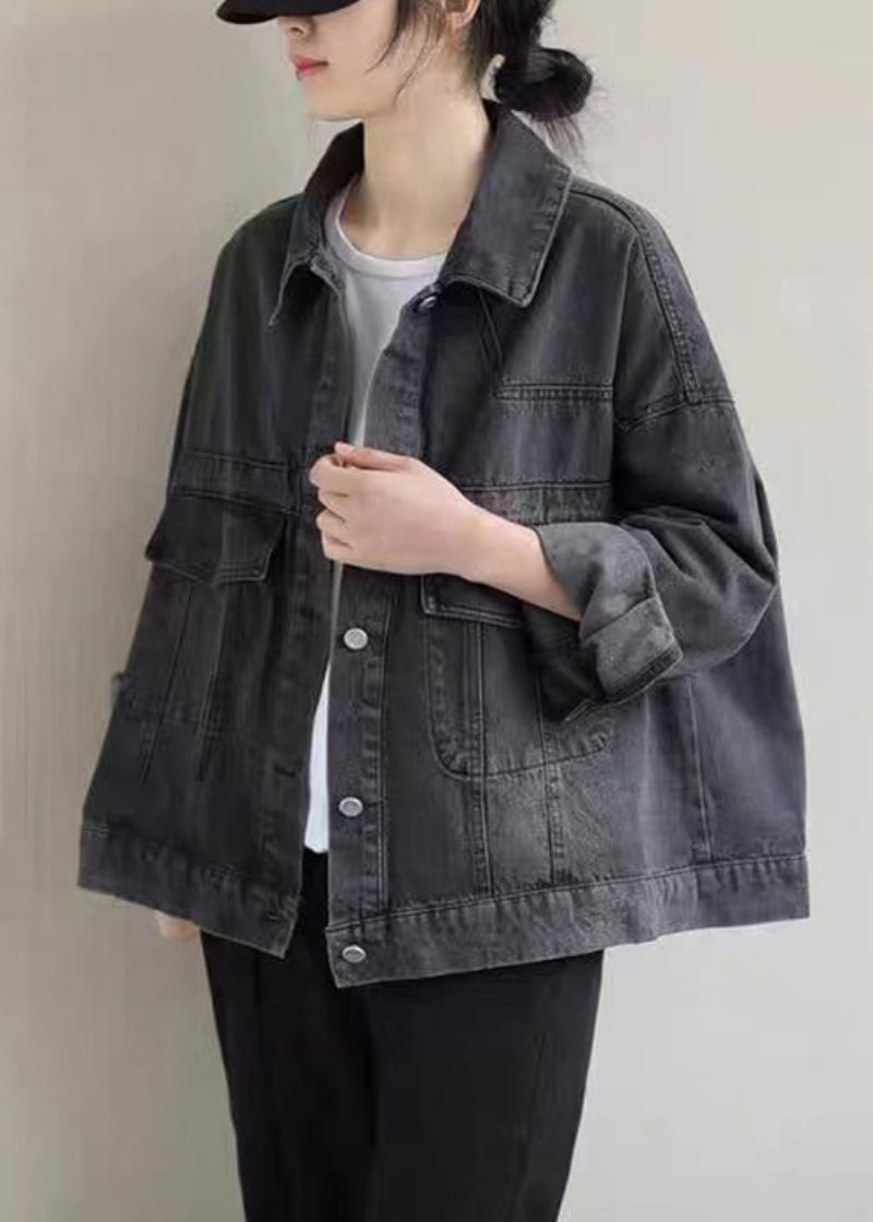 Manteau En Jean Noir Vintage Avec Poches Boutonnées Et Manches Longues - Manteaux d'hiver femmes