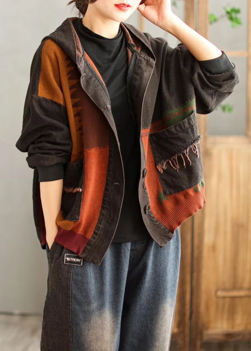 Manteau En Jean Original À Capuche Avec Poches Noires Patchwork Printemps - Manteaux d'hiver femmes