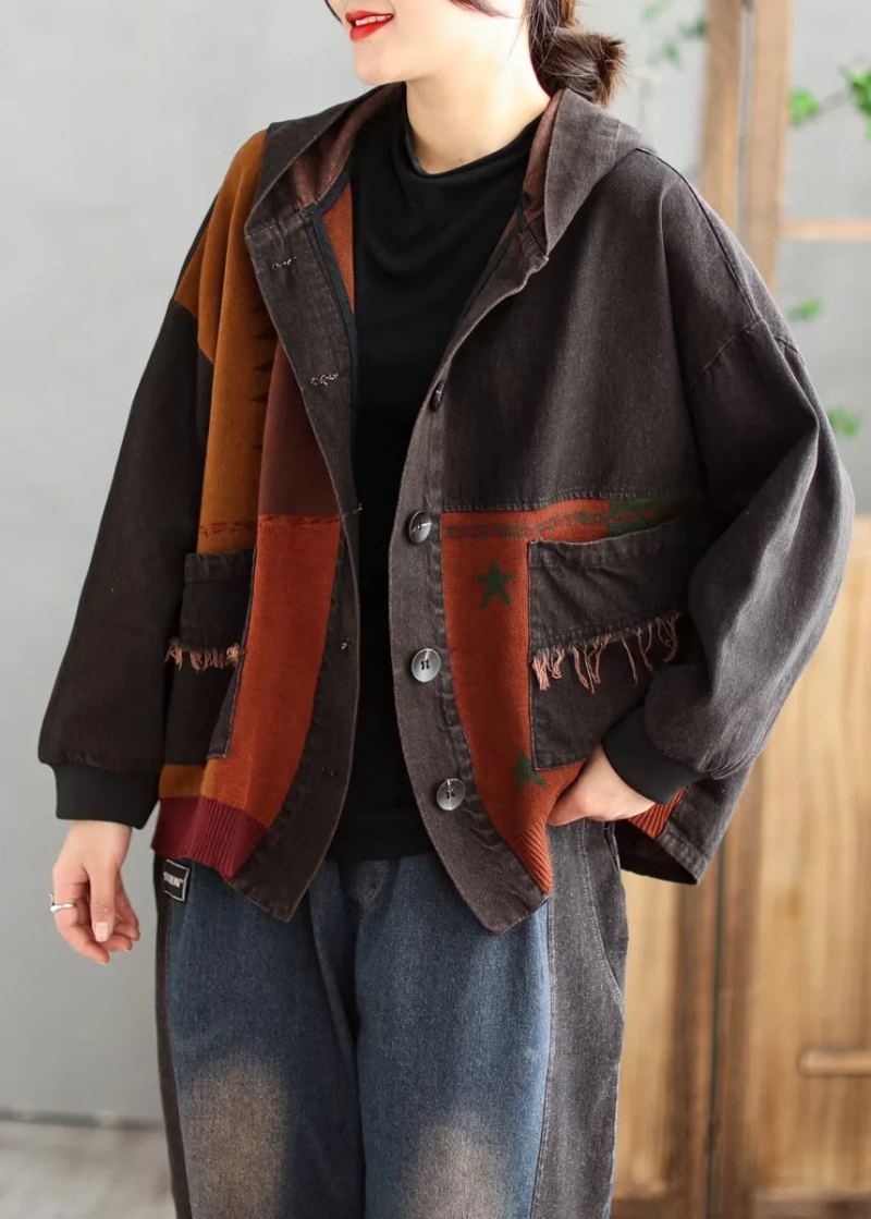 Manteau En Jean Original À Capuche Avec Poches Noires Patchwork Printemps - Manteaux d'hiver femmes