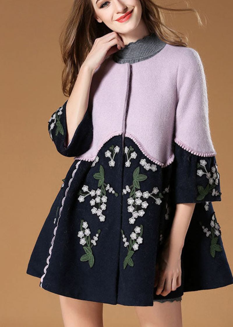 Manteau En Laine D'automne Élégant Avec Patchwork Violet Brodé De Fleurs