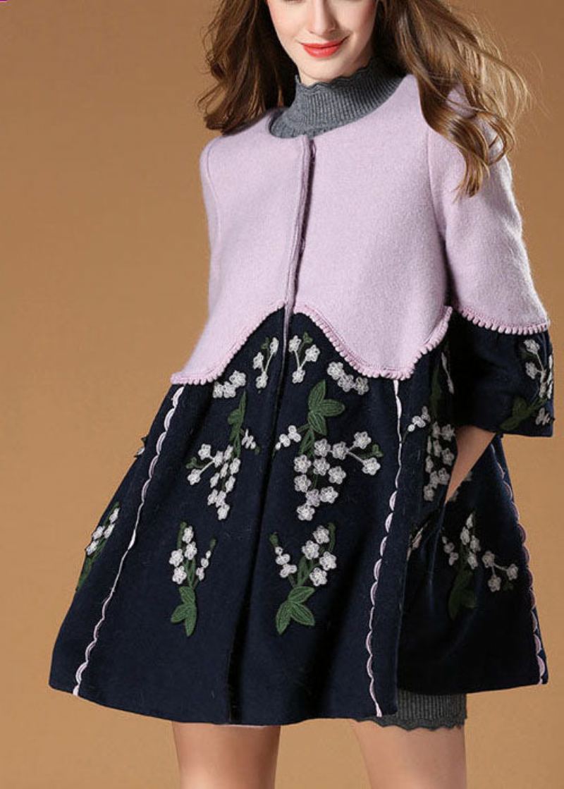 Manteau En Laine D'automne Élégant Avec Patchwork Violet Brodé De Fleurs - Manteaux d'hiver femmes