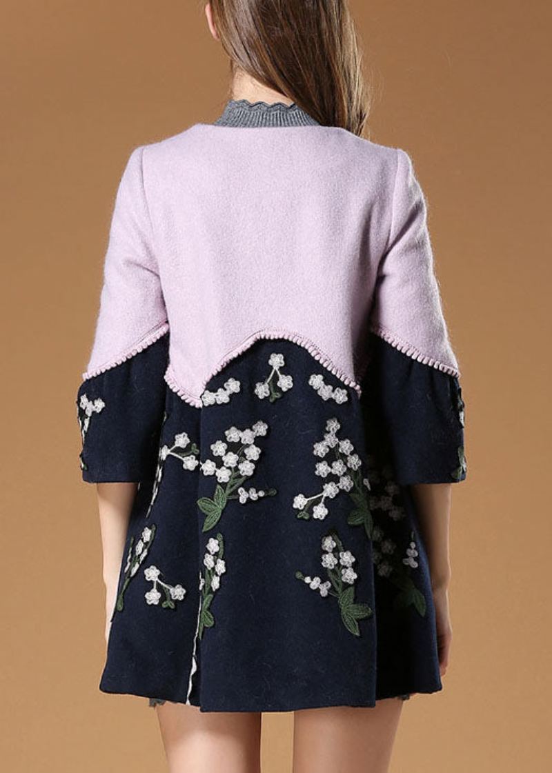 Manteau En Laine D'automne Élégant Avec Patchwork Violet Brodé De Fleurs - Manteaux d'hiver femmes