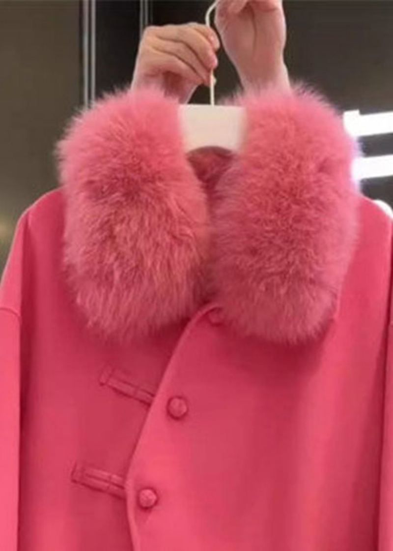 Manteau En Laine Avec Poches Boutonnées Et Col En Fourrure Rose Française Printemps - Manteaux d'hiver femmes