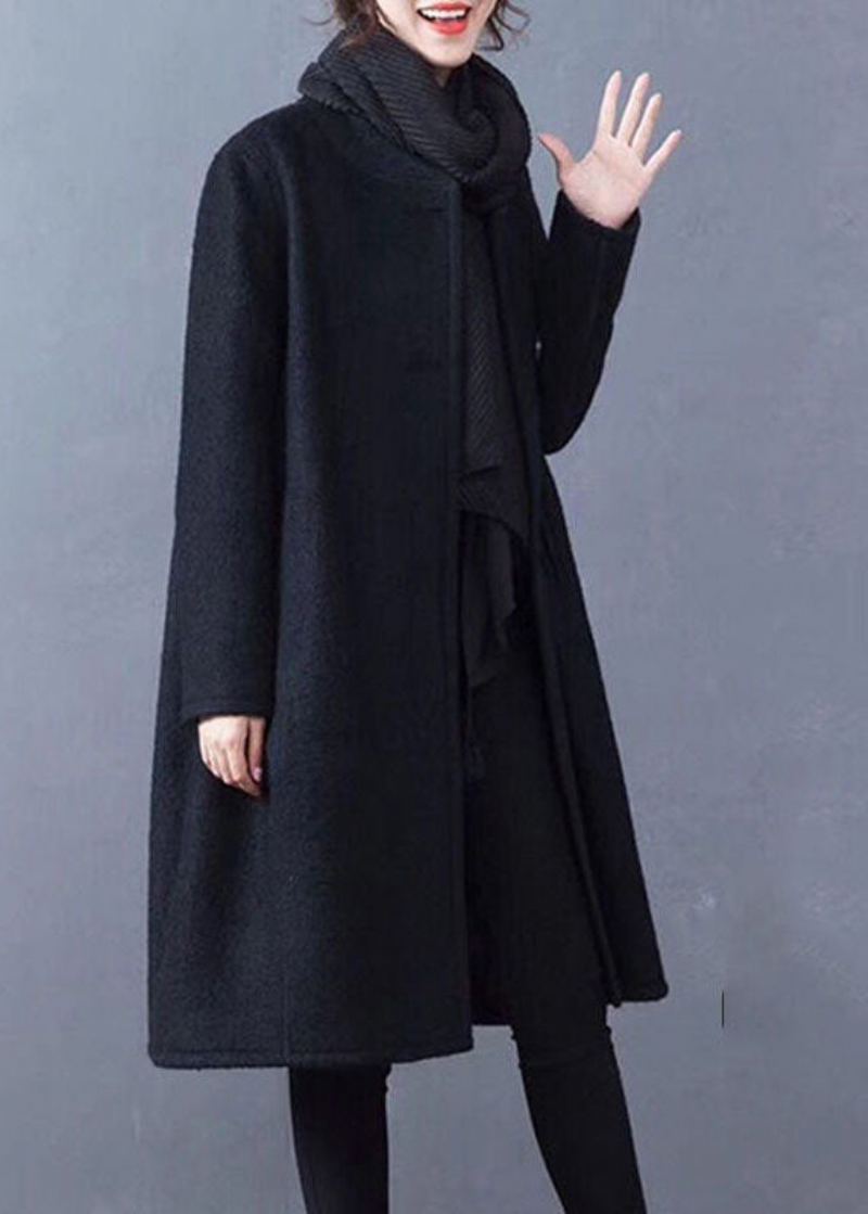 Manteau En Laine Avec Poches Noires Vêtement D'extérieur Col Rond Bouton Hiver