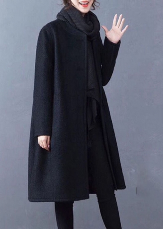 Manteau En Laine Avec Poches Noires Vêtement D'extérieur Col Rond Bouton Hiver