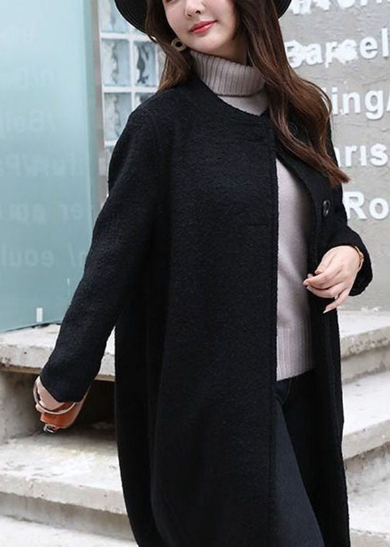 Manteau En Laine Avec Poches Noires Vêtement D'extérieur Col Rond Bouton Hiver - Noir