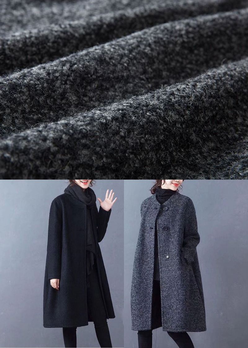 Manteau En Laine Avec Poches Noires Vêtement D'extérieur Col Rond Bouton Hiver - Noir