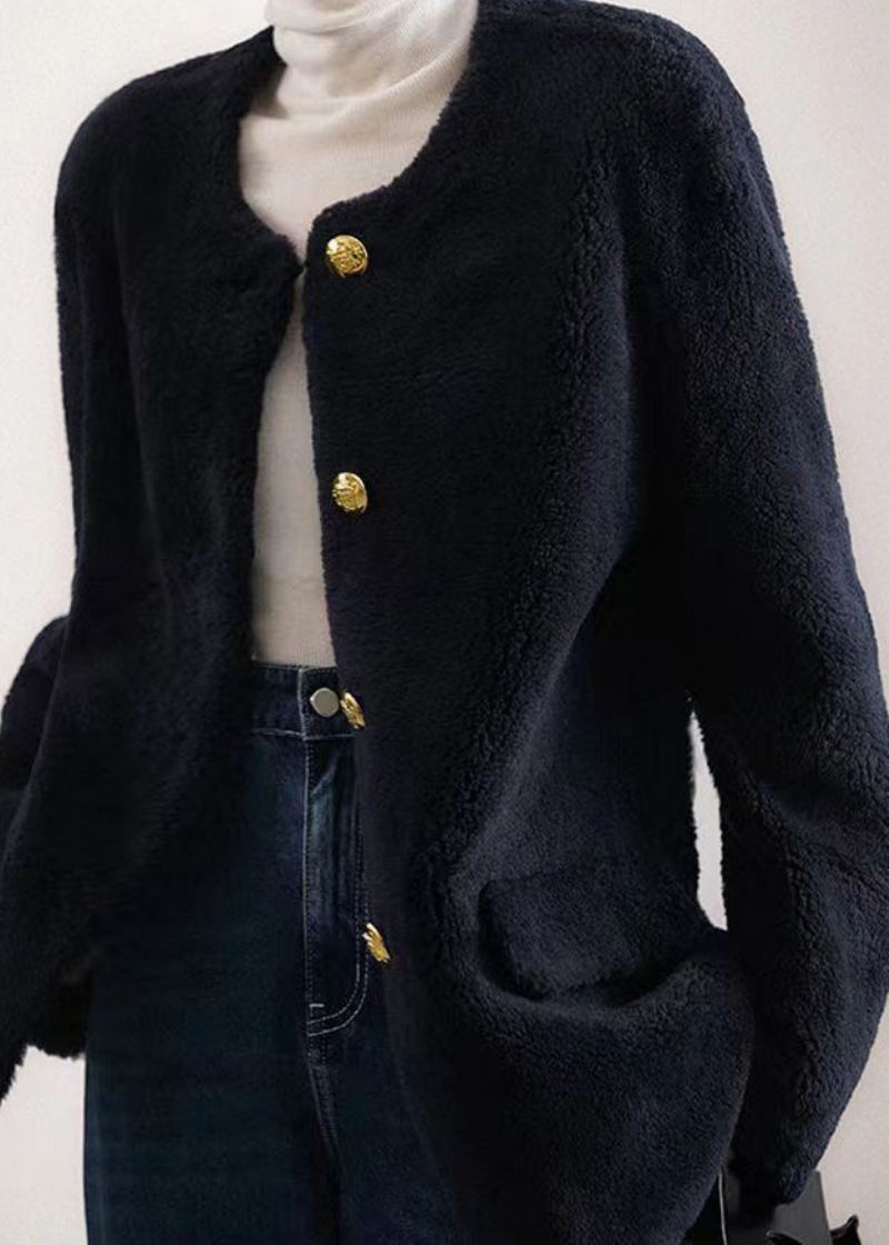 Manteau En Laine Bleu Marine Élégant Col Rond Poches Boutons Patchwork Hiver - Manteaux d'hiver femmes