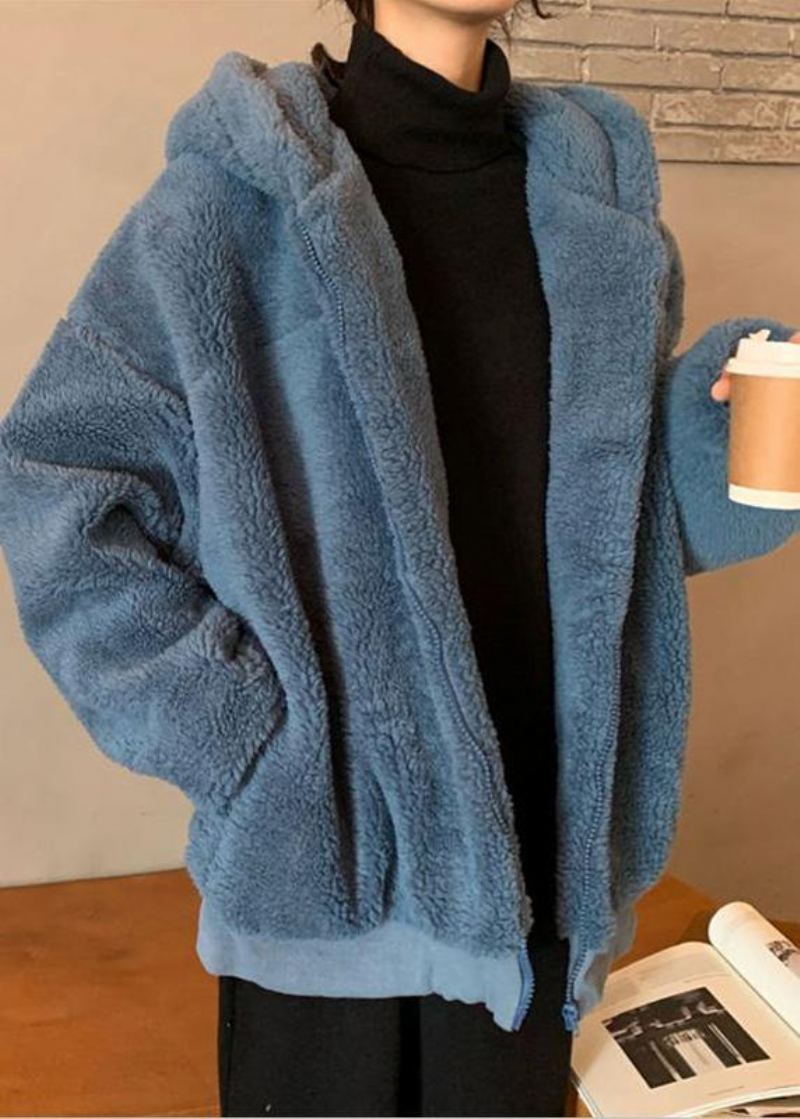 Manteau En Laine Bleu À La Mode Manteaux Amples Mi-longs À Capuche Vêtements D'extérieur D'hiver