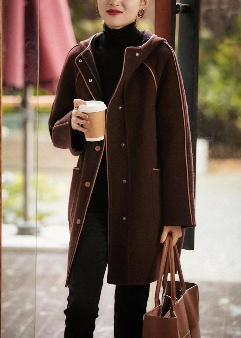 Manteau En Laine À Capuche Marron Vintage Avec Poches Boutonnées Automne - Manteaux d'hiver femmes