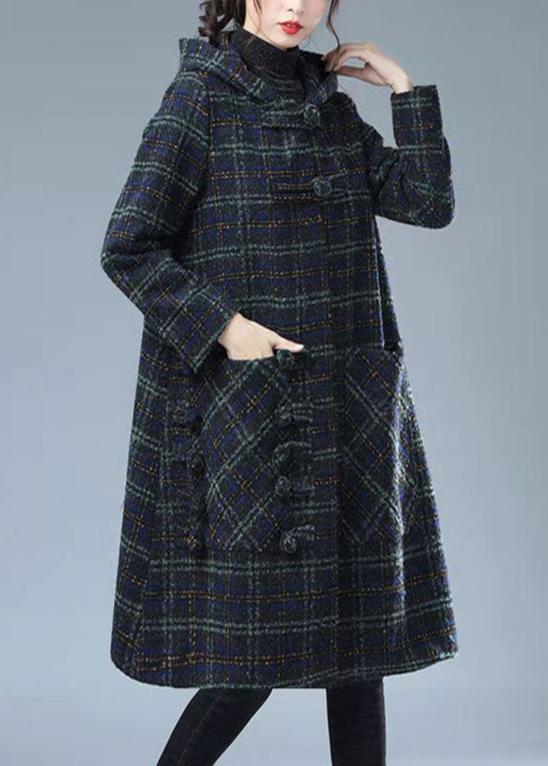 Manteau En Laine Chaud À Carreaux Bleu Vert Vêtements D'extérieur Avec Poches À Capuche Hiver - Plaid Vert Bleu