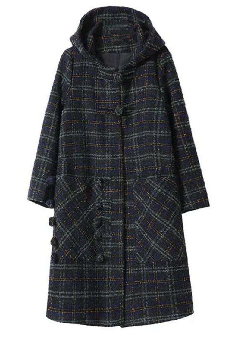 Manteau En Laine Chaud À Carreaux Bleu Vert Vêtements D'extérieur Avec Poches À Capuche Hiver - Plaid Vert Bleu