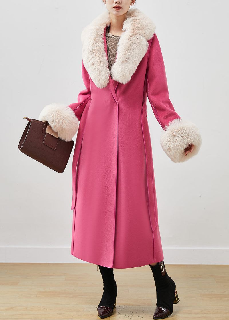 Manteau En Laine Coupe Silm Rose Vêtements D'extérieur Col En Fourrure Cravate À La Taille Automne