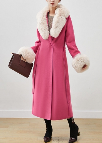 Manteau En Laine Coupe Silm Rose Vêtements D'extérieur Col En Fourrure Cravate À La Taille Automne