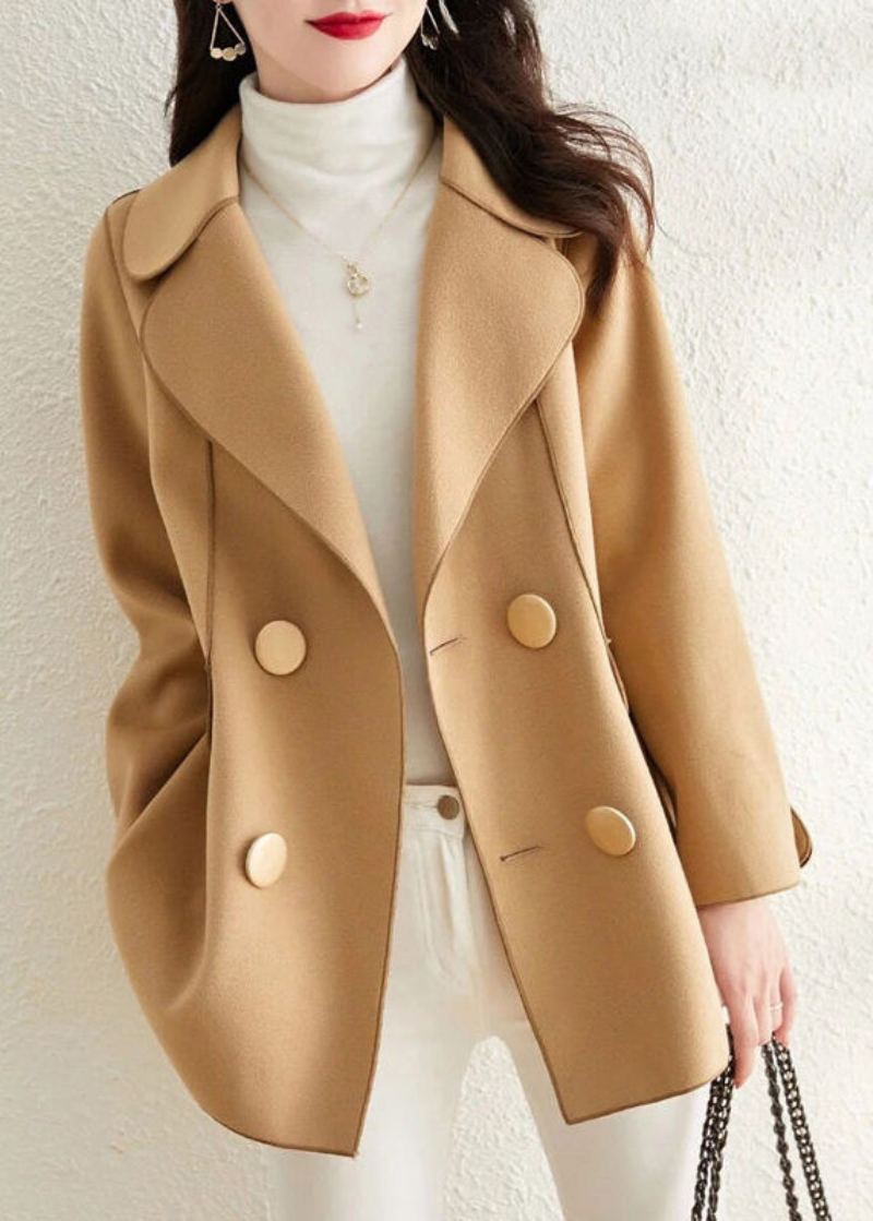 Manteau En Laine À Double Boutonnage Kaki Chic Col Peter Pan Vêtements D'extérieur Automne